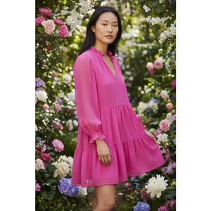 Vince Camuto Hot Pink Tiered Chiffon Mini Dress Sheer Sleeves Ruffle Collar Sz L